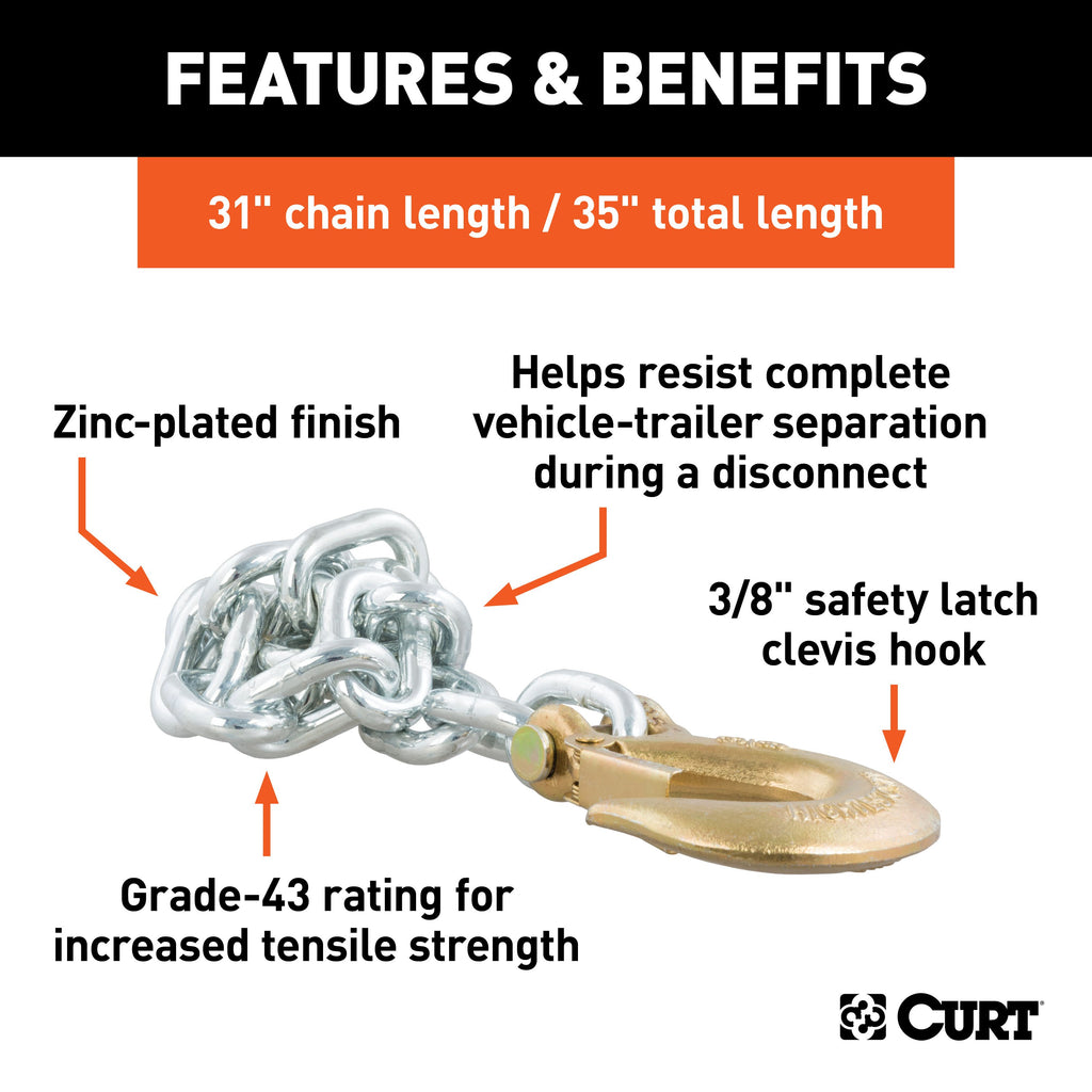 CURT 80315 35" Safety Chain with 1 Clevis Hook (16,200 lbs, Yellow Zinc)