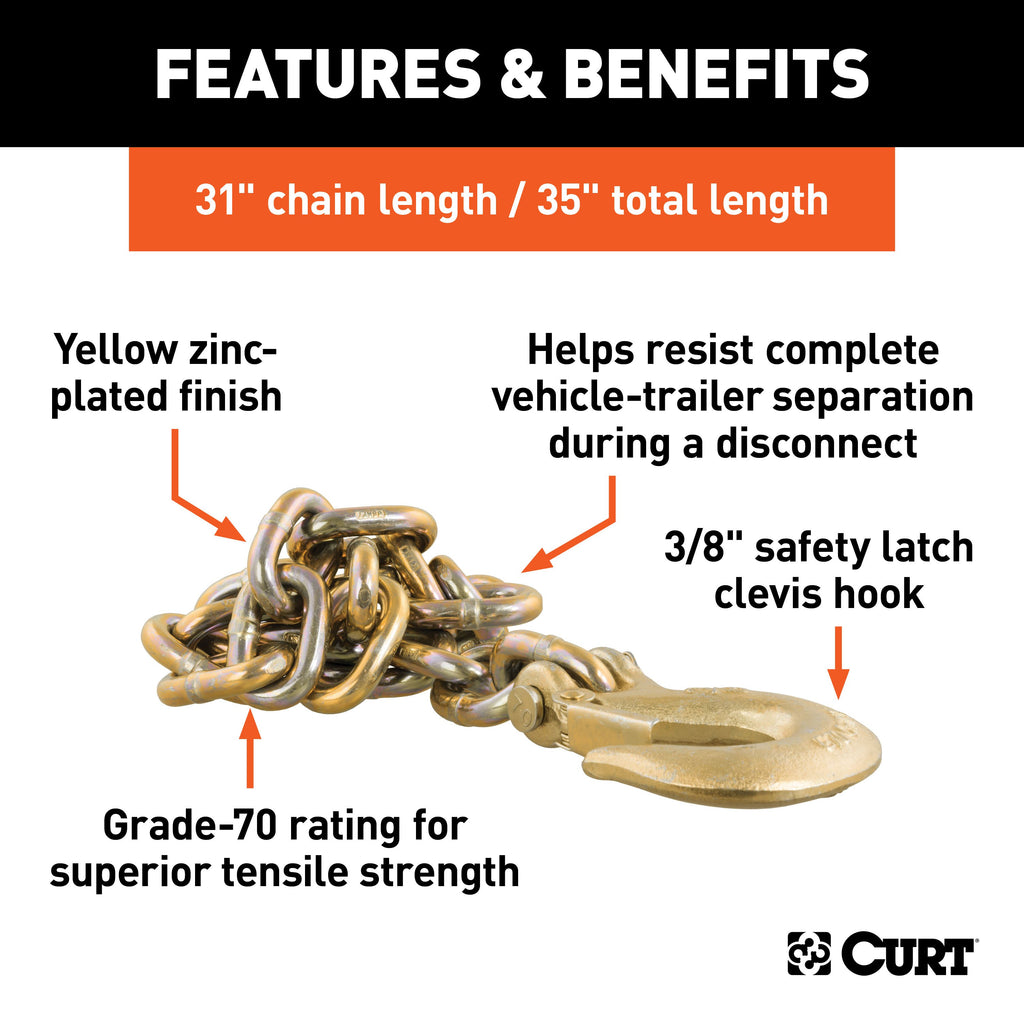 CURT 80316 35" Safety Chain with 1 Clevis Hook (24,000 lbs, Yellow Zinc)
