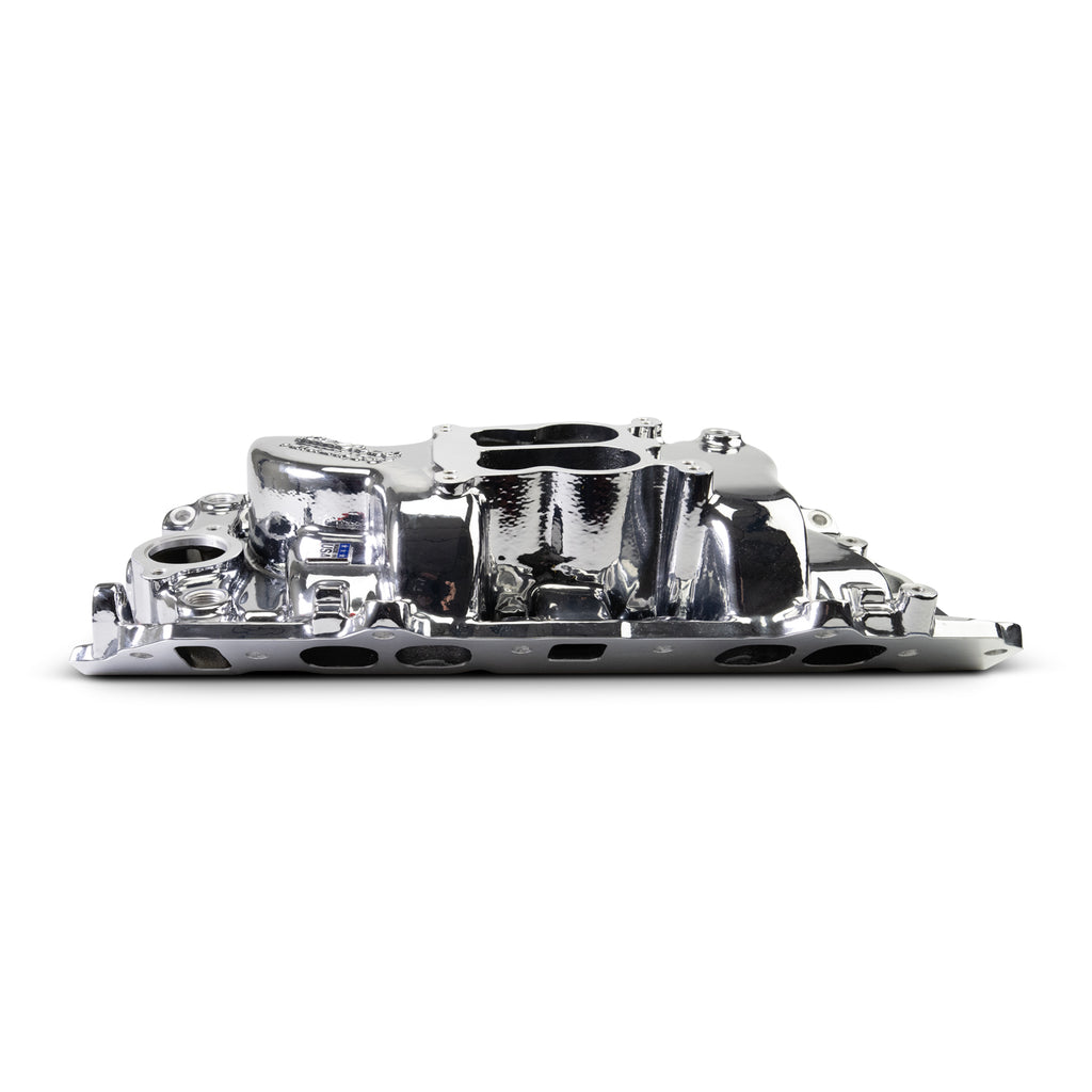 Performer-2-O-Manifold-For-1965-90-BB-Chevy-Oval-Port-Heads,-Chrome-Plasma