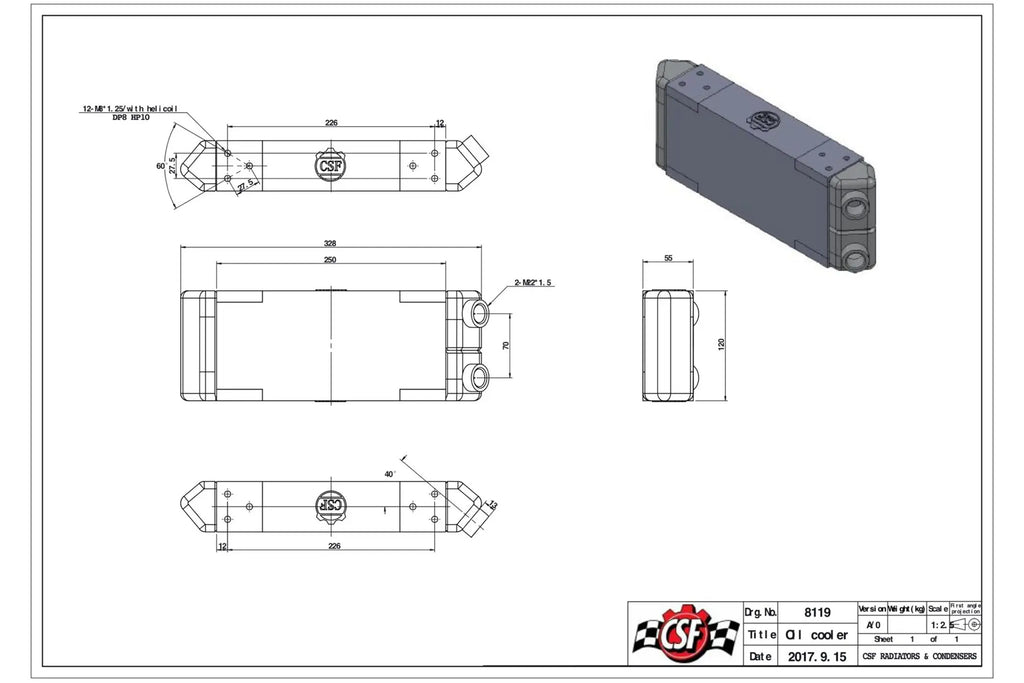 CSF Cooling - Racing & High Performance Division 8119 Universal Dual-Pass Oil Cooler - M22 x 1.5 connections - 13L x 4.75H x 2.16W