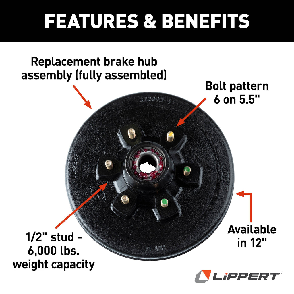 CURT 814202 12" RV Brake Drum Hub for 6,000-lb Axle - 6 on 5.5", 1/2" Stud (Fully Assembled)