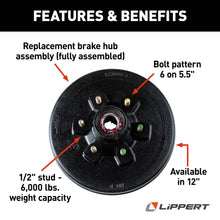 Load image into Gallery viewer, CURT 814202 12" RV Brake Drum Hub for 6,000-lb Axle - 6 on 5.5", 1/2" Stud (Fully Assembled)
