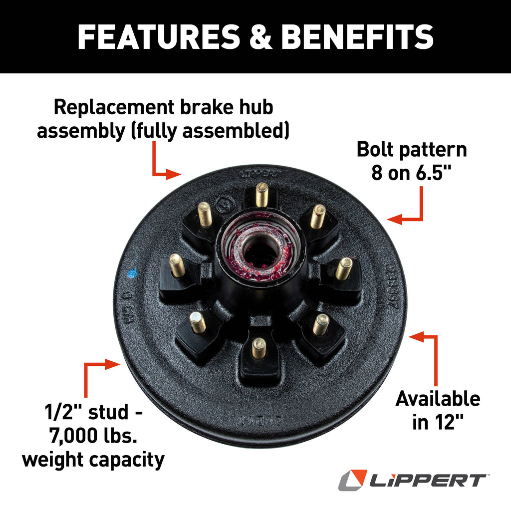 CURT 814203 12" RV Brake Drum Hub for 7,000-lb Axle - 8 on 6.5", 1/2" Stud (Fully Assembled)