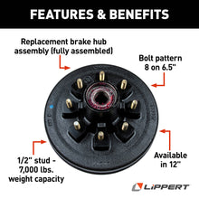 Load image into Gallery viewer, CURT 814203 12" RV Brake Drum Hub for 7,000-lb Axle - 8 on 6.5", 1/2" Stud (Fully Assembled)