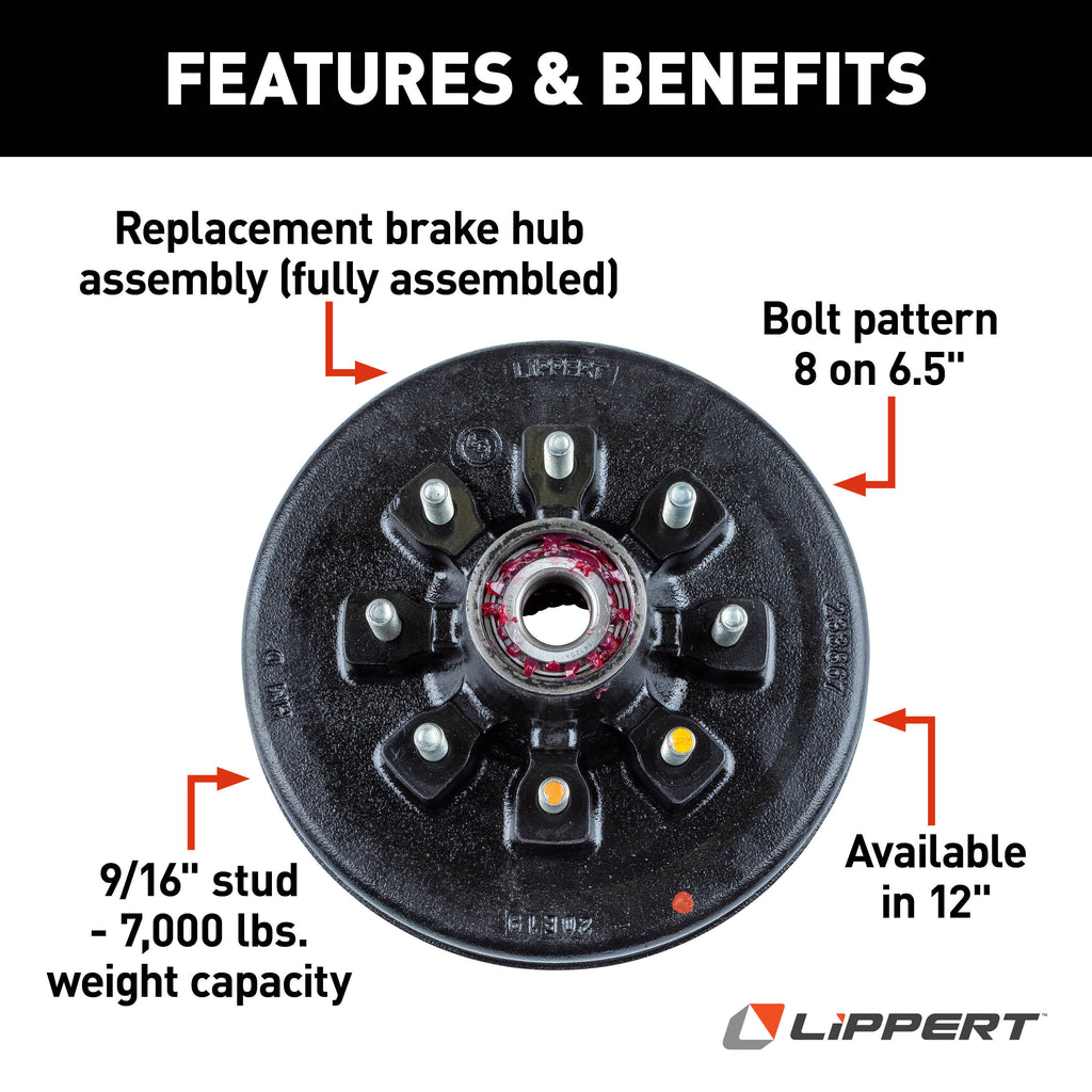 CURT 814204 RV Brake Drum Hub for 7,000-lb. Axle - 8 on 6.5", 9/16" Stud (Fully Assembled)