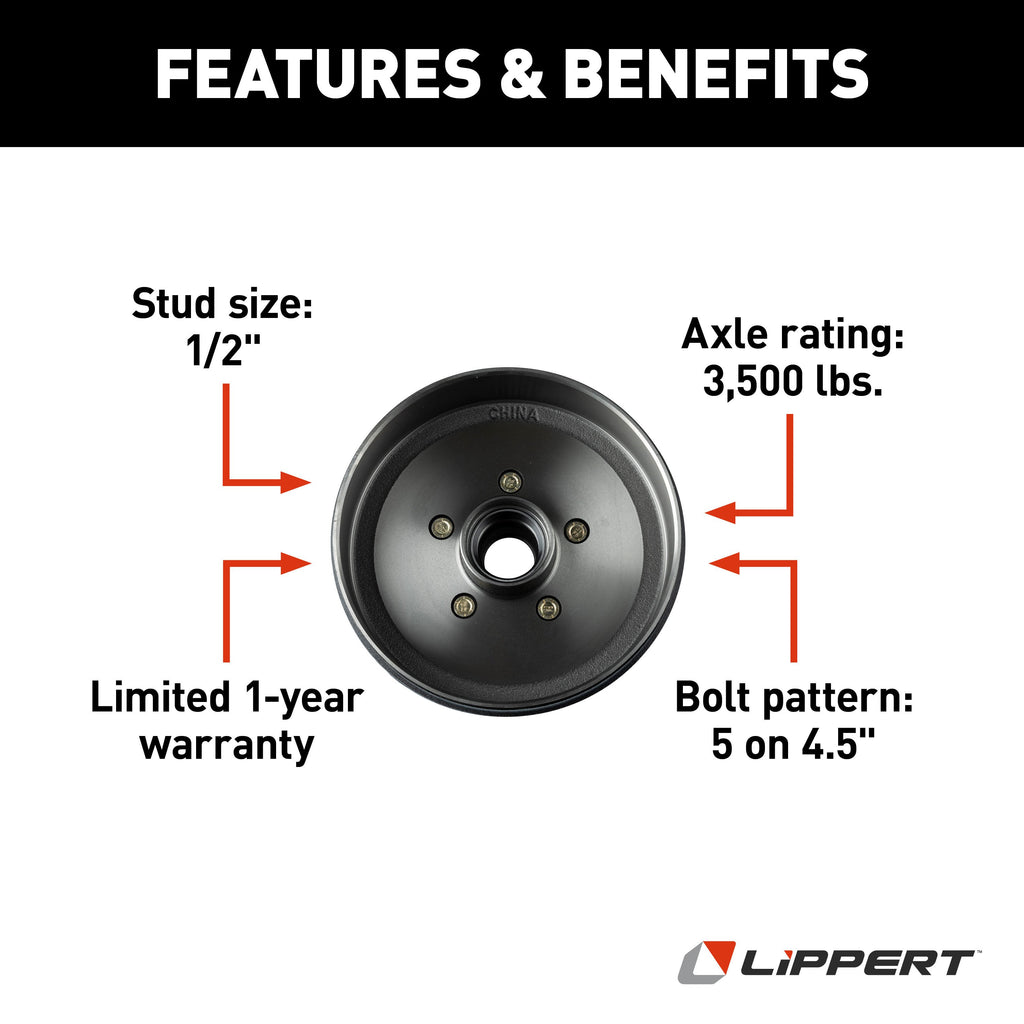 CURT 814210 10" Brake Hub with Bearing Kit, 3,500-lb. Axles, 5 on 4-1/2" Bolt Pattern