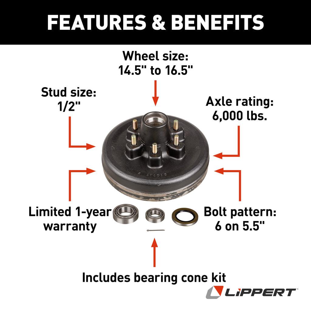 CURT 814211 12" Brake Hub with Bearing Kit, 6,000-lb. Axles, 6 on 5-1/2" Bolt Pattern