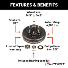 Load image into Gallery viewer, CURT 814211 12" Brake Hub with Bearing Kit, 6,000-lb. Axles, 6 on 5-1/2" Bolt Pattern