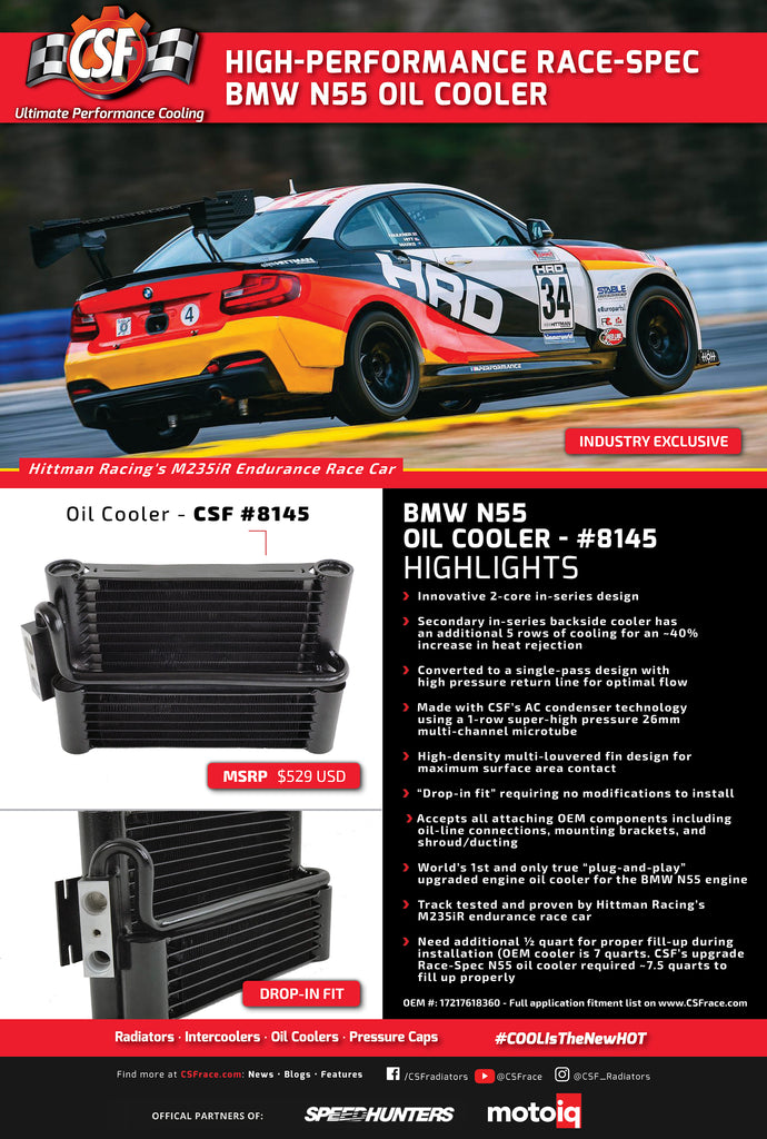 CSF Cooling - Racing & High Performance Division 8145 BMW F3X / F2X (N55) Race-Spec Oil Cooler for Select BMW 335i, BMW 335i GT xDrive, BMW 335i xDrive, BMW 435i, BMW 435i Gran Coupe, BMW 435i xDrive, BMW 435i xDrive Gran Coupe, BMW ActiveHybrid 3, BMW