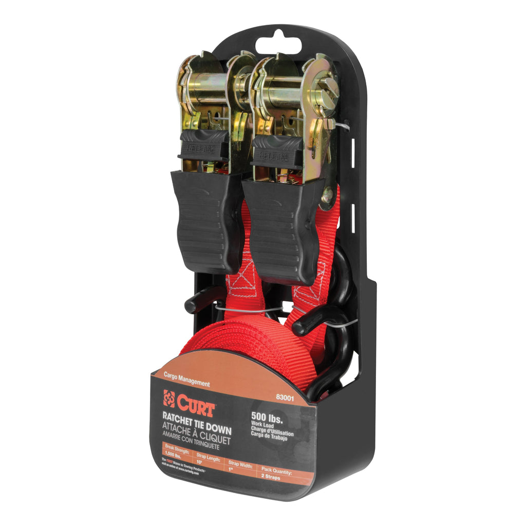 CURT 83001 10' Red Cargo Straps with S-Hooks (500 lbs, 2-Pack)
