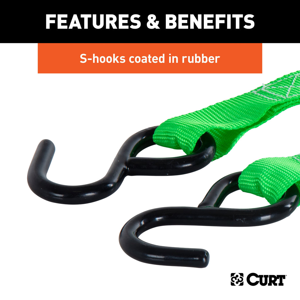 CURT 83015 15' Dark Green Cargo Straps with S-Hooks (300 lbs, 2-Pack)