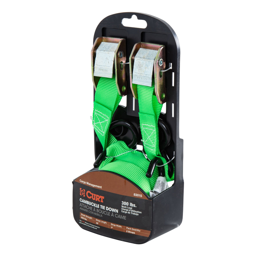 CURT 83015 15' Dark Green Cargo Straps with S-Hooks (300 lbs, 2-Pack)