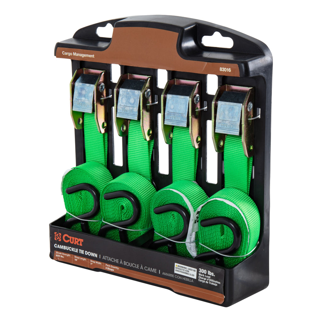 CURT 83016 16' Dark Green Cargo Straps with S-Hooks (300 lbs, 4-Pack)