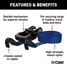 Load image into Gallery viewer, CURT 83020 16' Blue Cargo Straps with J-Hooks (733 lbs, 2-Pack)