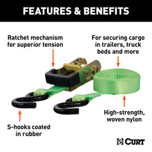 Load image into Gallery viewer, CURT 83028 16' Lime Green Cargo Straps with S-Hooks (1,100 lbs, 2-Pack)