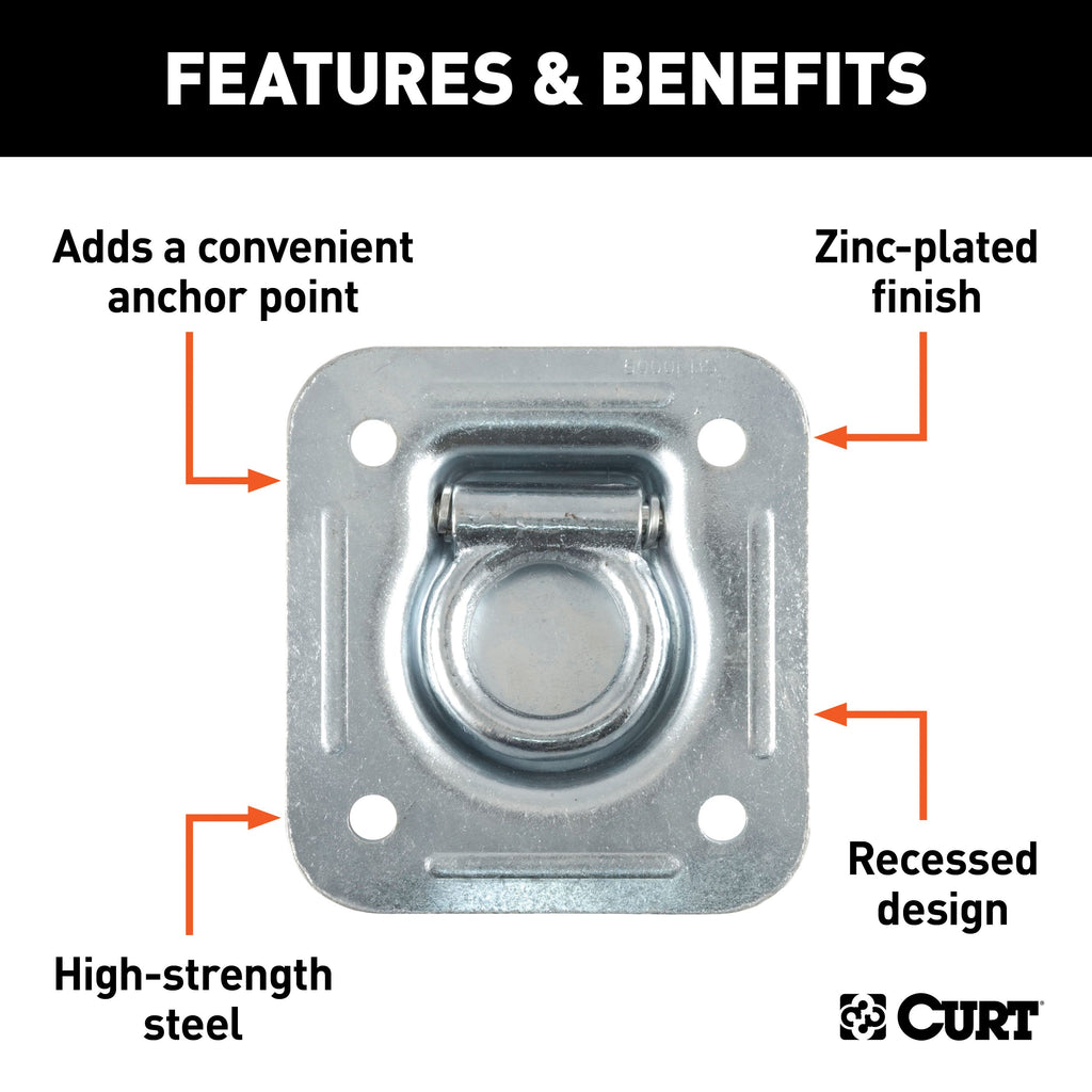 CURT 83600 1-1/2" x 1-1/2" Recessed Tie-Down Ring (5,000 lbs, Clear Zinc)