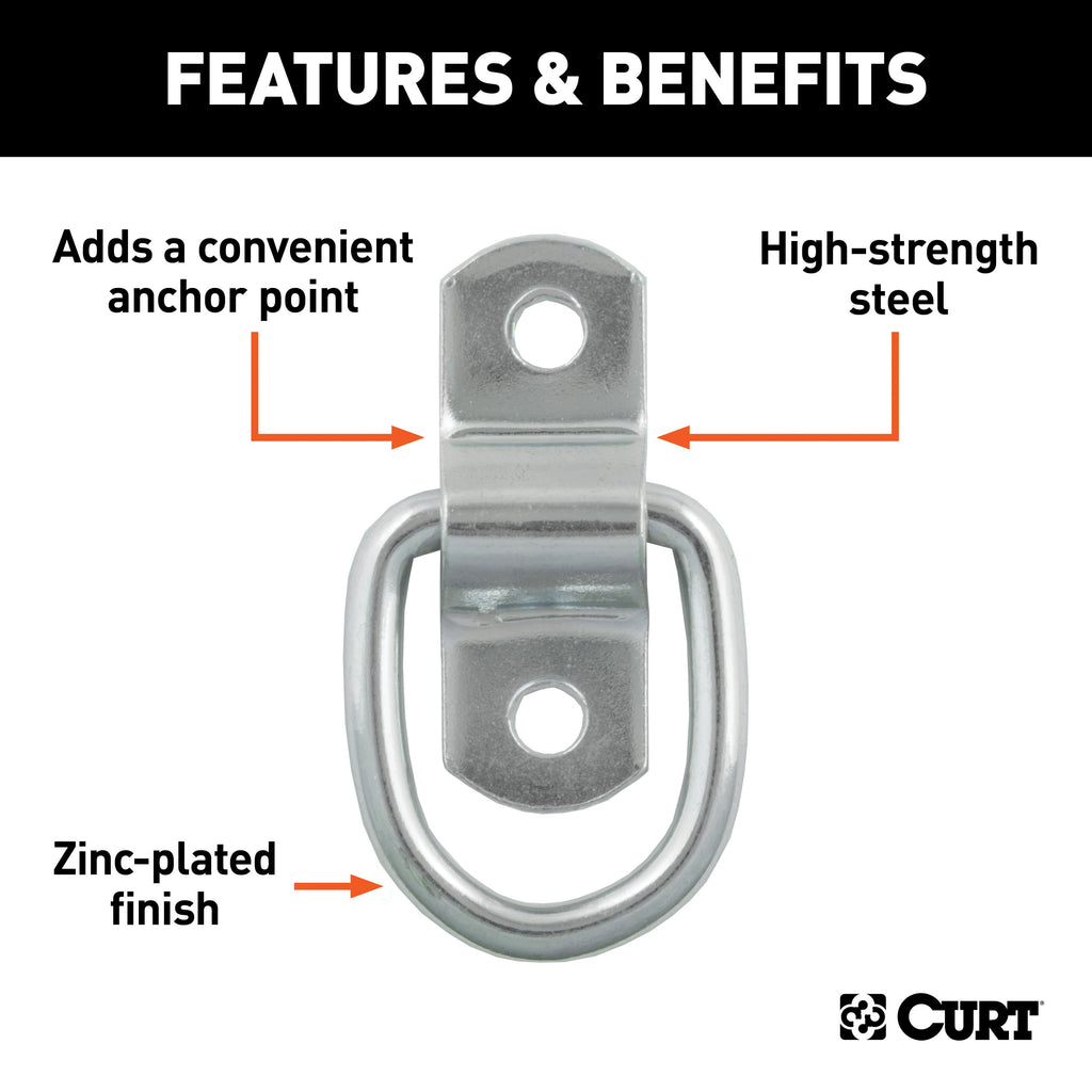 CURT 83730 1" x 1-1/4" Surface-Mounted Tie-Down D-Ring (1,200 lbs, Clear Zinc)