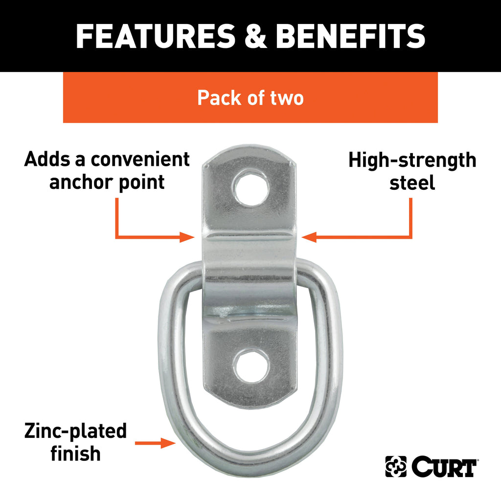 CURT 83731 1" x 1-1/4" Surface-Mounted Tie-Down D-Rings (1,200 lbs, Clear Zinc, 2-Pack)