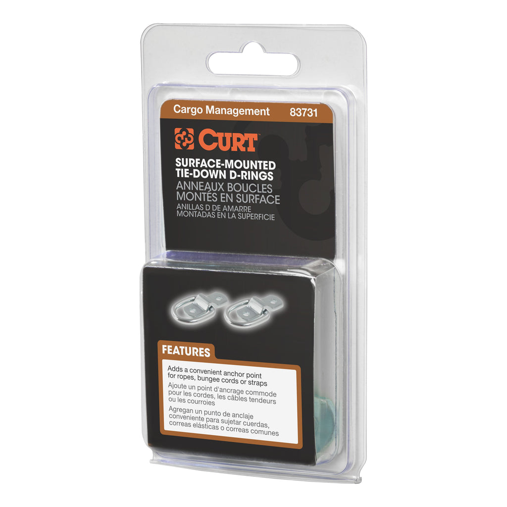 CURT 83731 1" x 1-1/4" Surface-Mounted Tie-Down D-Rings (1,200 lbs, Clear Zinc, 2-Pack)