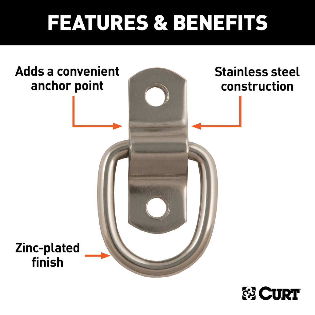 CURT 83732 1" x 1-1/4" Surface-Mounted Tie-Down D-Ring (1,200 lbs, Stainless)