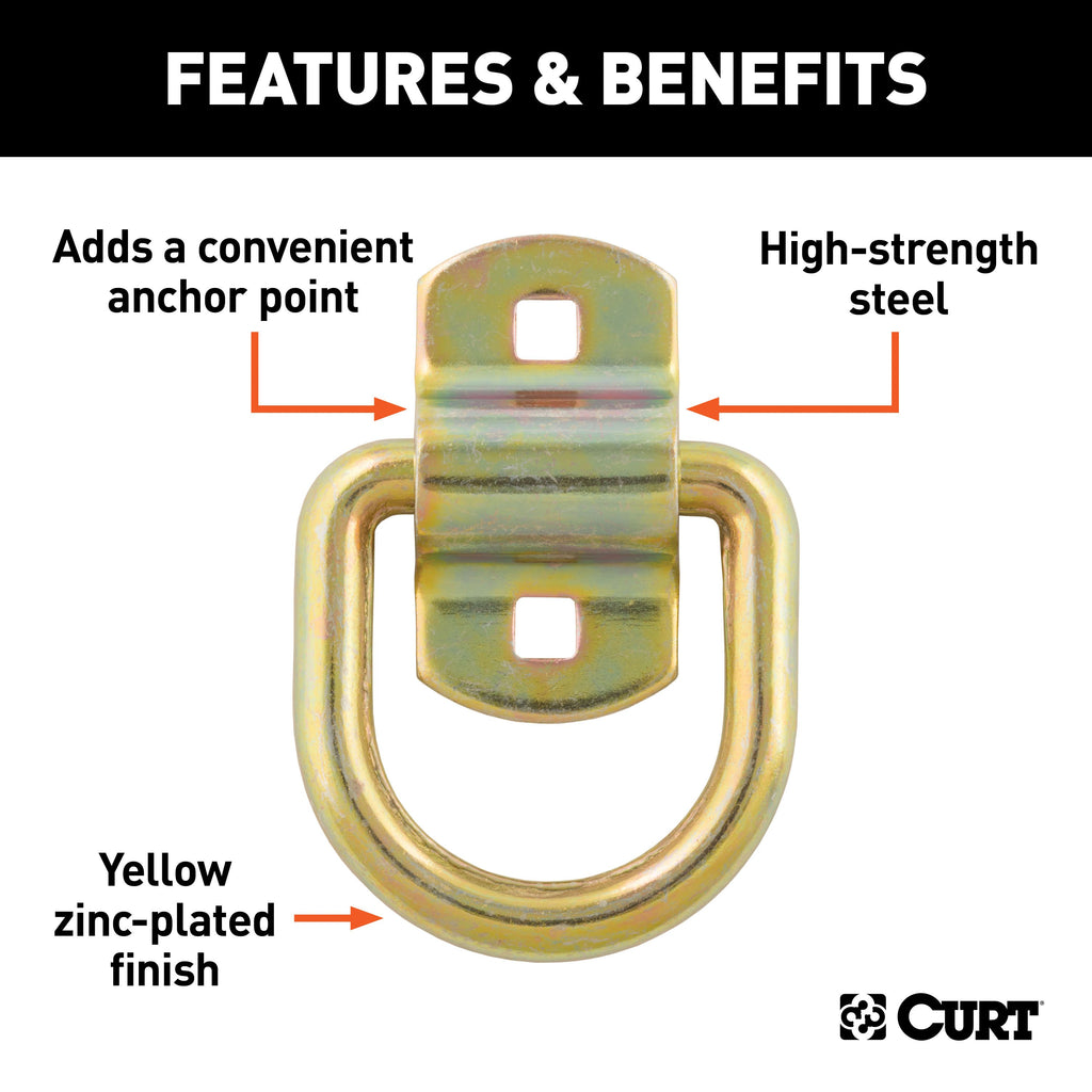 CURT 83740 3" x 3" Surface-Mounted Tie-Down D-Ring (3,600 lbs, Yellow Zinc)