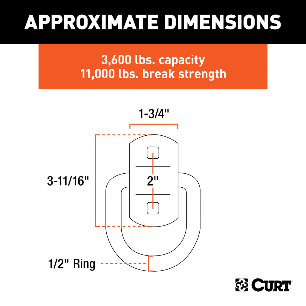 CURT 83742 3" x 3" Surface-Mounted Tie-Down D-Ring (3,600 lbs, Clear Zinc)