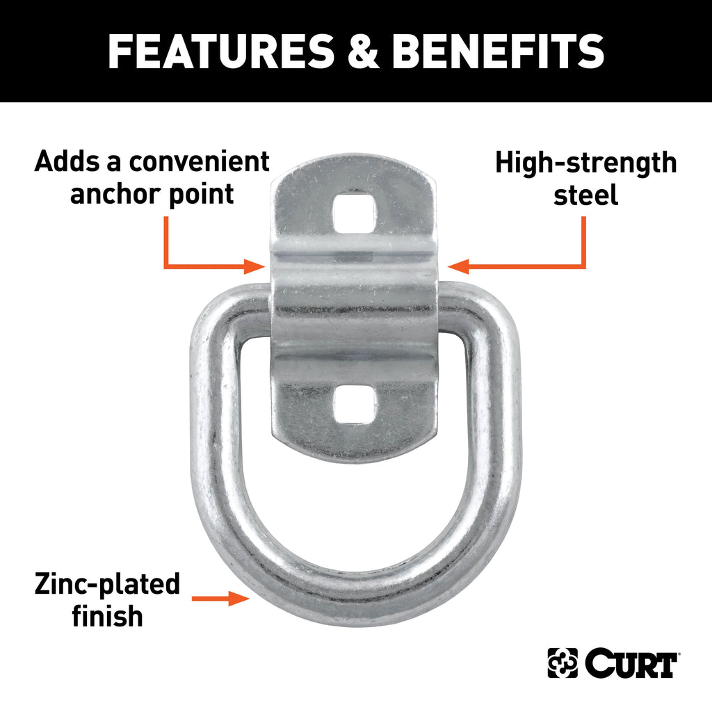 CURT 83742 3" x 3" Surface-Mounted Tie-Down D-Ring (3,600 lbs, Clear Zinc)