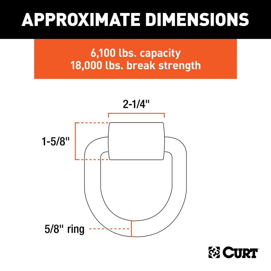 CURT 83750 3" x 3" Weld-On Tie-Down D-Ring (6,100 lbs, Raw Steel)