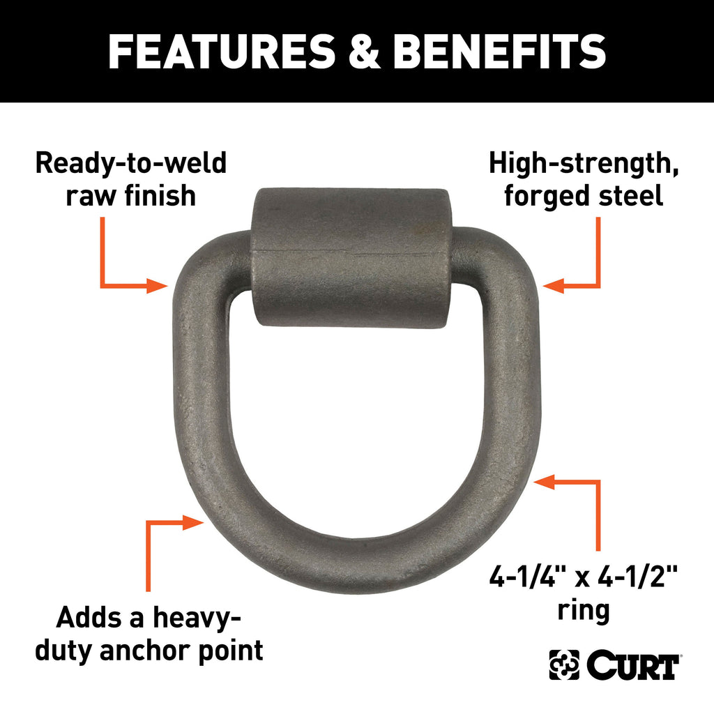 CURT 83750 3" x 3" Weld-On Tie-Down D-Ring (6,100 lbs, Raw Steel)