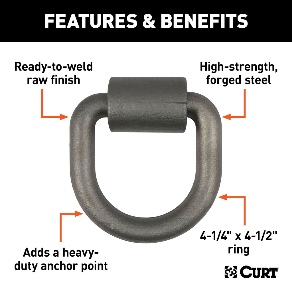 CURT 83760 3" x 3" Weld-On Tie-Down D-Ring (8,833 lbs, Raw Steel)