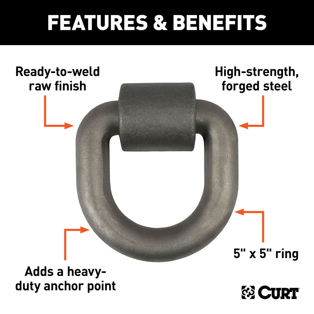 CURT 83770 3" x 3" Weld-On Tie-Down D-Ring (15,587 lbs, Raw Steel)