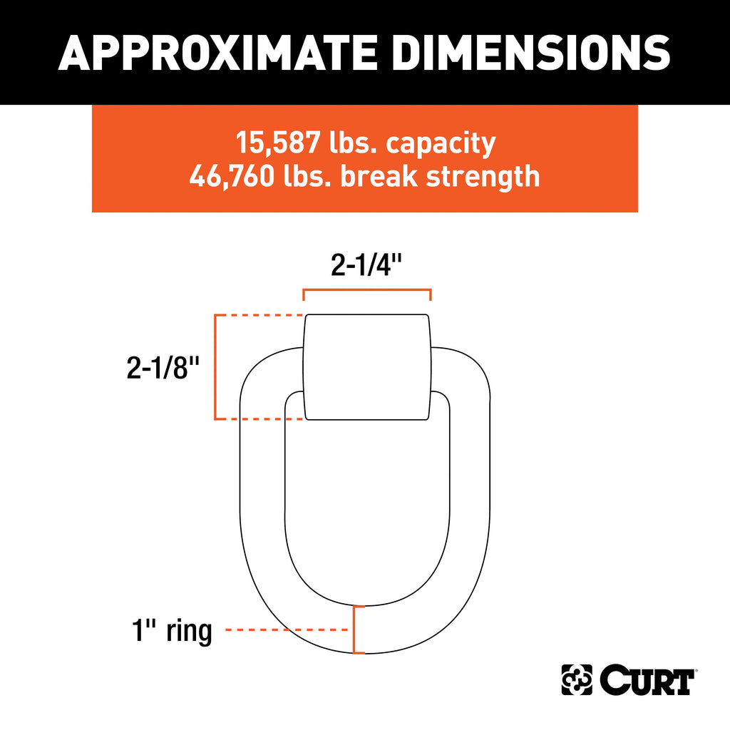 CURT 83780 3" x 4" Weld-On Tie-Down D-Ring (15,587 lbs, Raw Steel)
