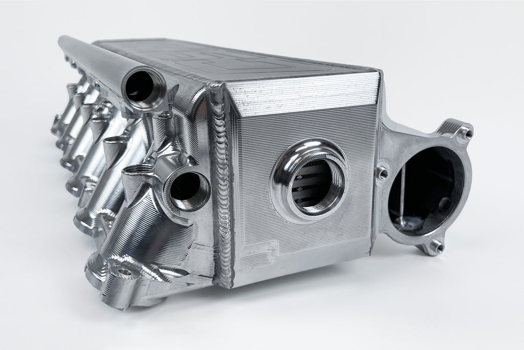 CSF Cooling - Racing & High Performance Division 8400 BMW Gen 2 B58 Race X Charge Air Cooler Manifold - Raw Billet for Select BMW 540i, BMW 540i xDrive, BMW 740i, BMW 740i xDrive, BMW 745e, BMW 745e xDrive, BMW 840i, BMW 840i Gran Coupe, BMW 840i xDrive,
