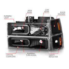 Load image into Gallery viewer, 88-98-Chevrolet-C1500-Crystal-Headlights-W-Light-Bar-Black-Housing-W-Signal-Side-Markers-8Pcs