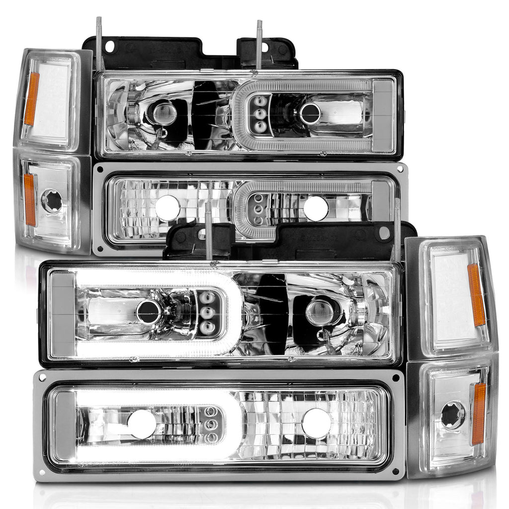 88-98-Chevrolet-C1500-Crystal-Headlights-WLight-Bar-Chrome-Housing-W-Signal-Side-Markers-8Pcs