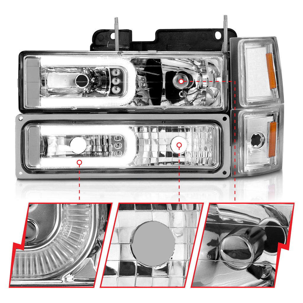 88-98-Chevrolet-C1500-Crystal-Headlights-WLight-Bar-Chrome-Housing-W-Signal-Side-Markers-8Pcs
