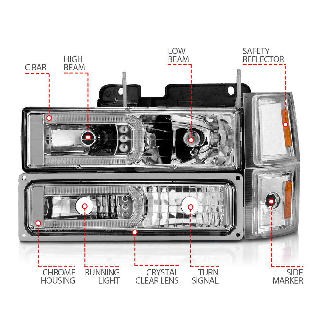 88-98-Chevrolet-C1500-Crystal-Headlights-WLight-Bar-Chrome-Housing-W-Signal-Side-Markers-8Pcs