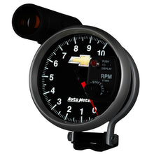 Load image into Gallery viewer, AutoMeter 880445 GAUGE, TACH, 5", 10K RPM, PEDESTAL W/ EXT. SHIFT-LITE, CHEVY GOLD BOWTIE