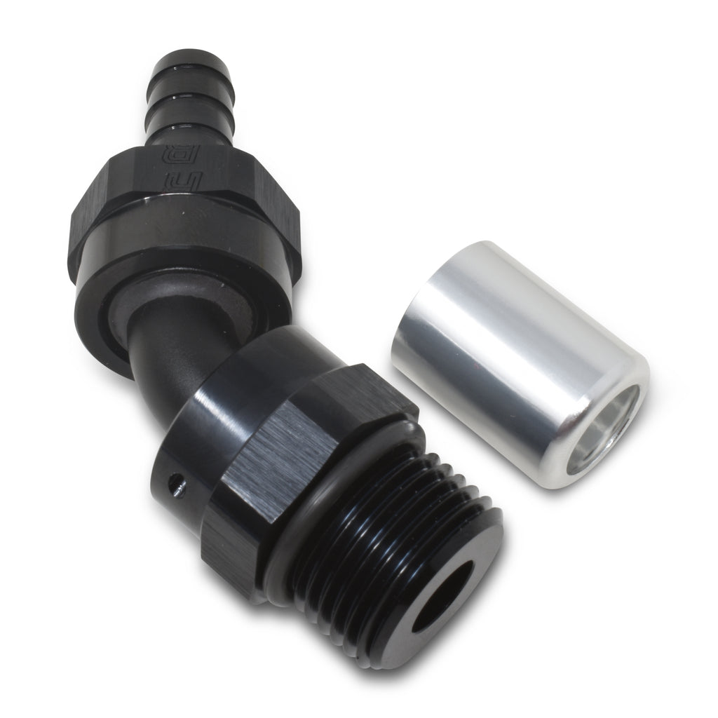 Hose-End-Crimp-On-10-Sae-Port-Male-To-8-Hose-45-Deg-Swivel-Blk-Anodized