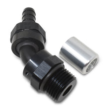 Load image into Gallery viewer, Hose-End-Crimp-On-10-Sae-Port-Male-To-8-Hose-45-Deg-Swivel-Blk-Anodized