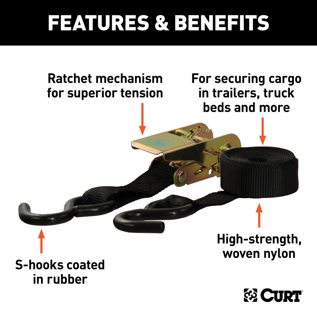 CURT 83010 16ft. Black Cargo Straps with S-Hooks (500 lbs; 4-Pack) - Truck Part Superstore