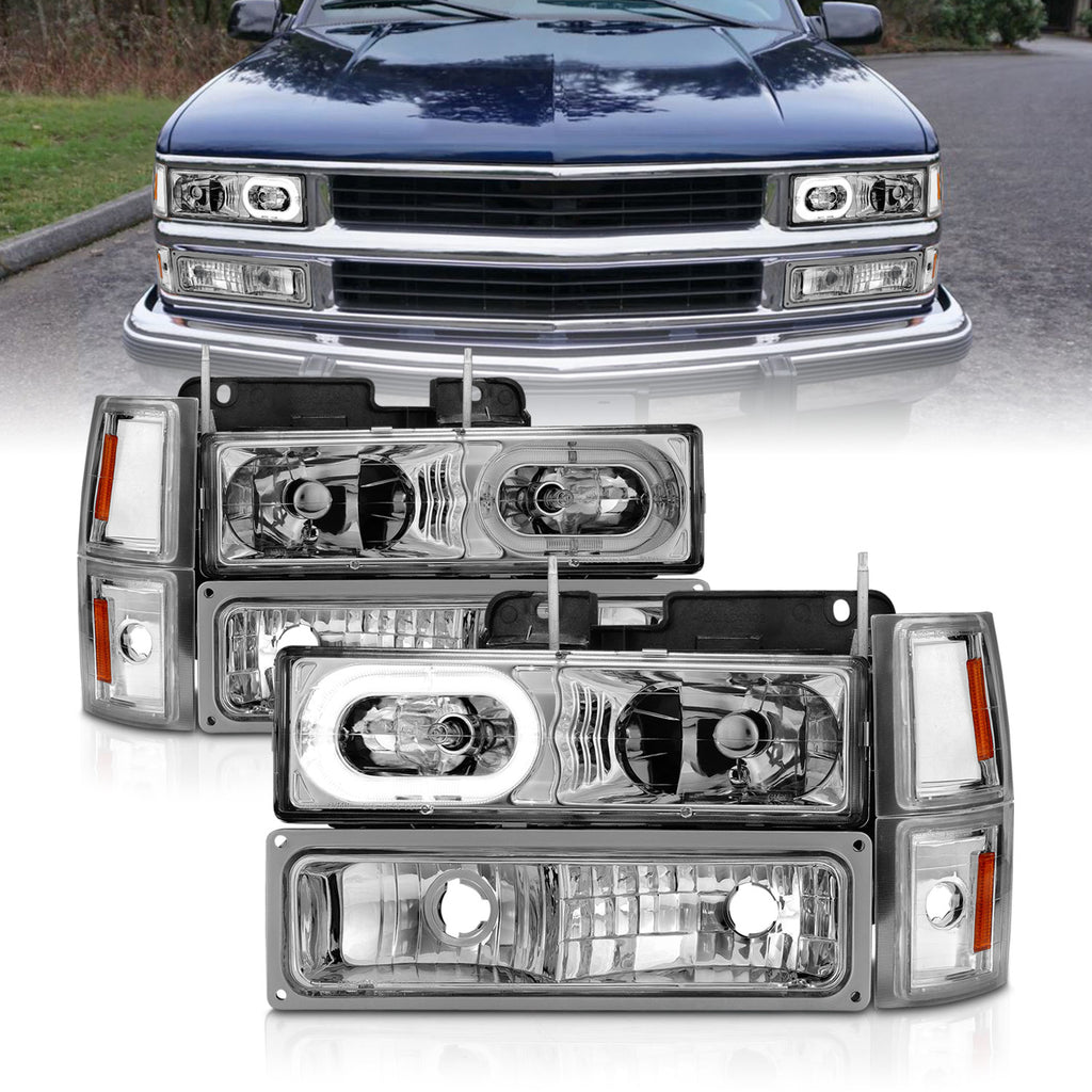 9599-Tahoe9299-SuburbanYukon-Crystal-Headlights-WHalo-Chrome-Housing-WSignalSide-Markers-8Pc
