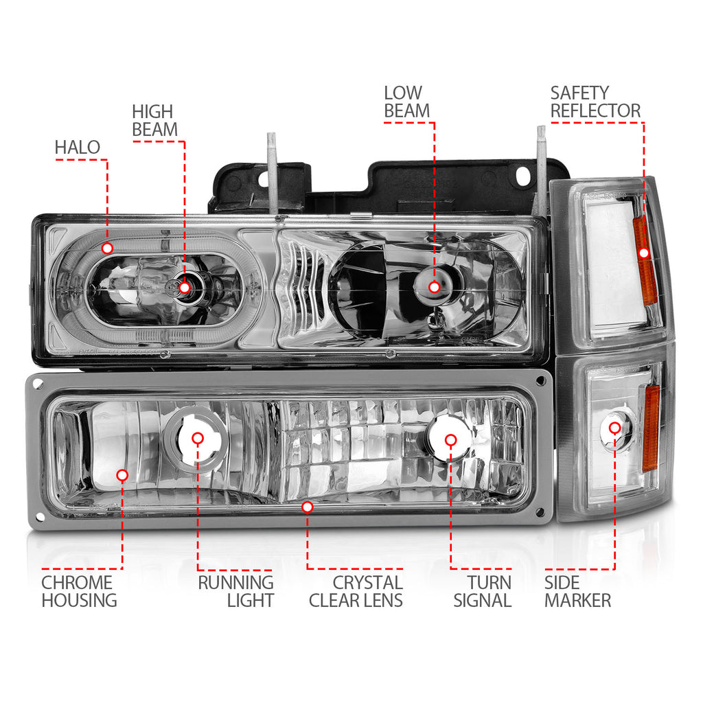 9599-Tahoe9299-SuburbanYukon-Crystal-Headlights-WHalo-Chrome-Housing-WSignalSide-Markers-8Pc