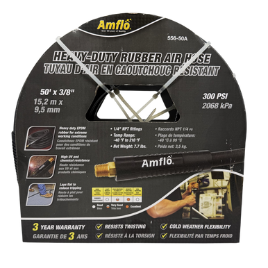 Amflo 556-50A Heavy-Duty Rubber Air Hose, 3/8" x 50', 300PSI - 1/4" NPT