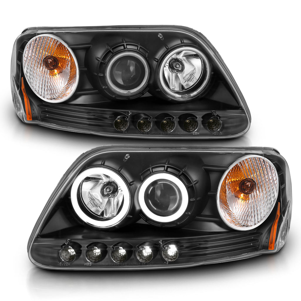 9703-F150-Headlights-Black-Clear-Projector-With-Halos-DriverPassenger