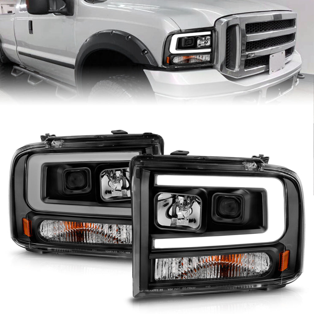99-04-Ford-F250F350F450Excursion-(Excl-99)-Projector-Headlights---W-Light-Bar-Black-Housing
