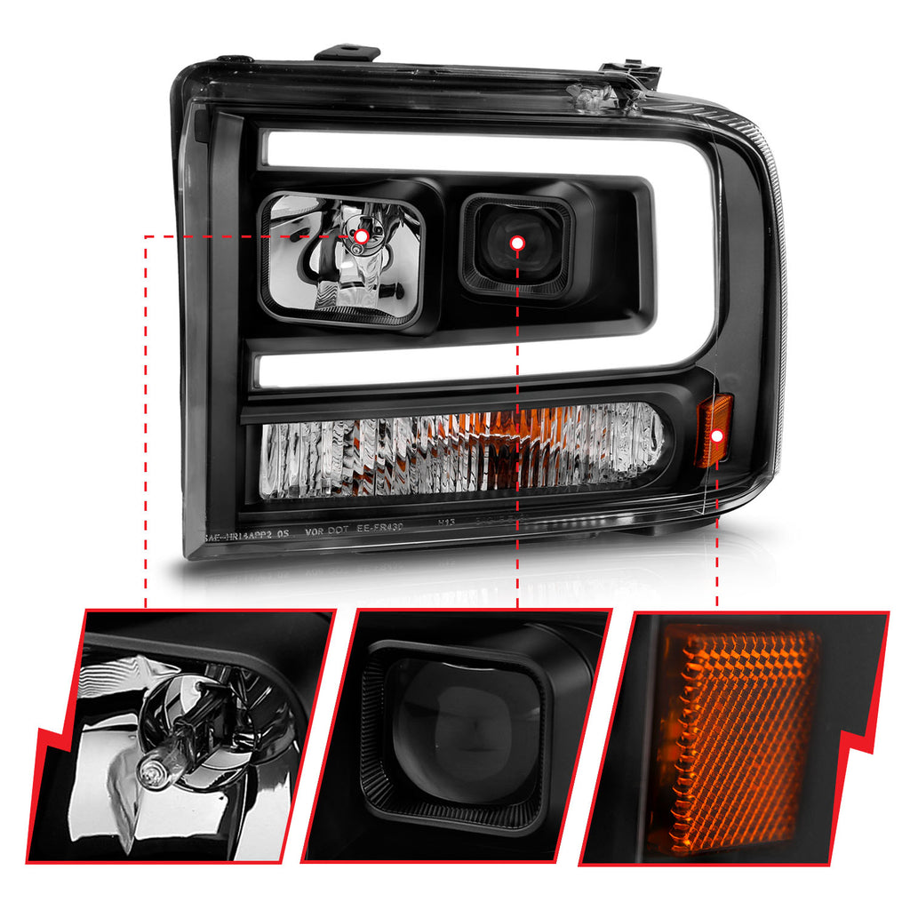99-04-Ford-F250F350F450Excursion-(Excl-99)-Projector-Headlights---W-Light-Bar-Black-Housing