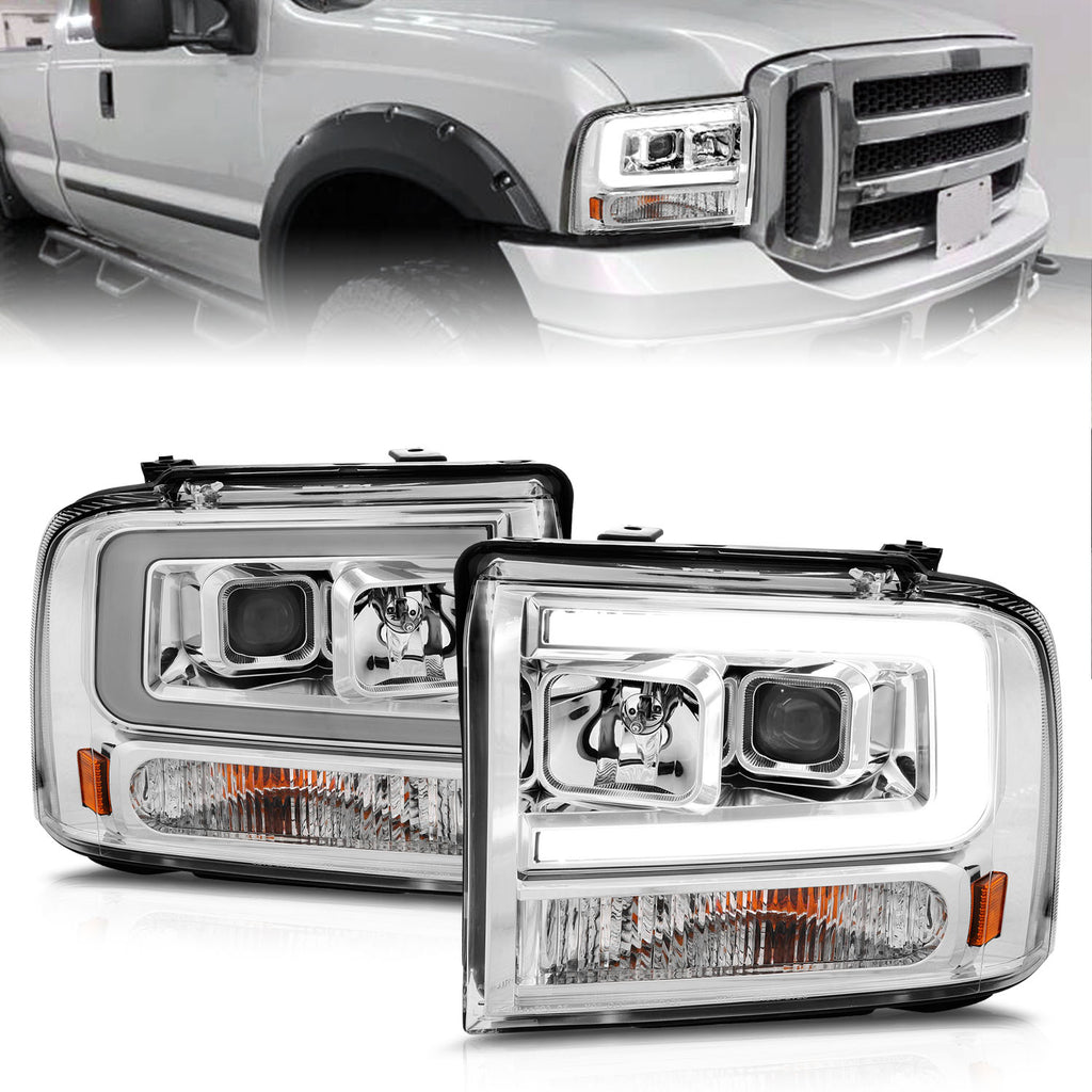 99-04-Ford-F250F350F450Excursion-(Excl-99)-Projector-Headlights---WLight-Bar-Chrome-Housing