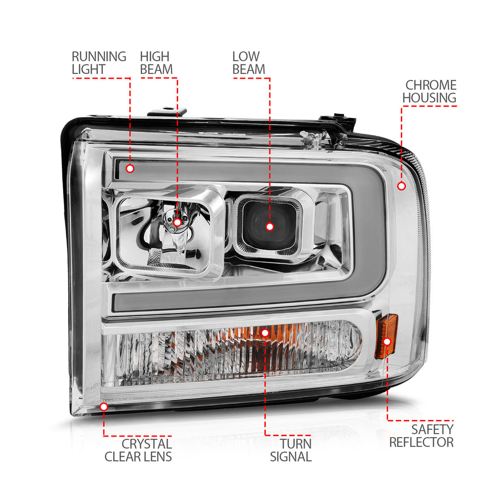 99-04-Ford-F250F350F450Excursion-(Excl-99)-Projector-Headlights---WLight-Bar-Chrome-Housing