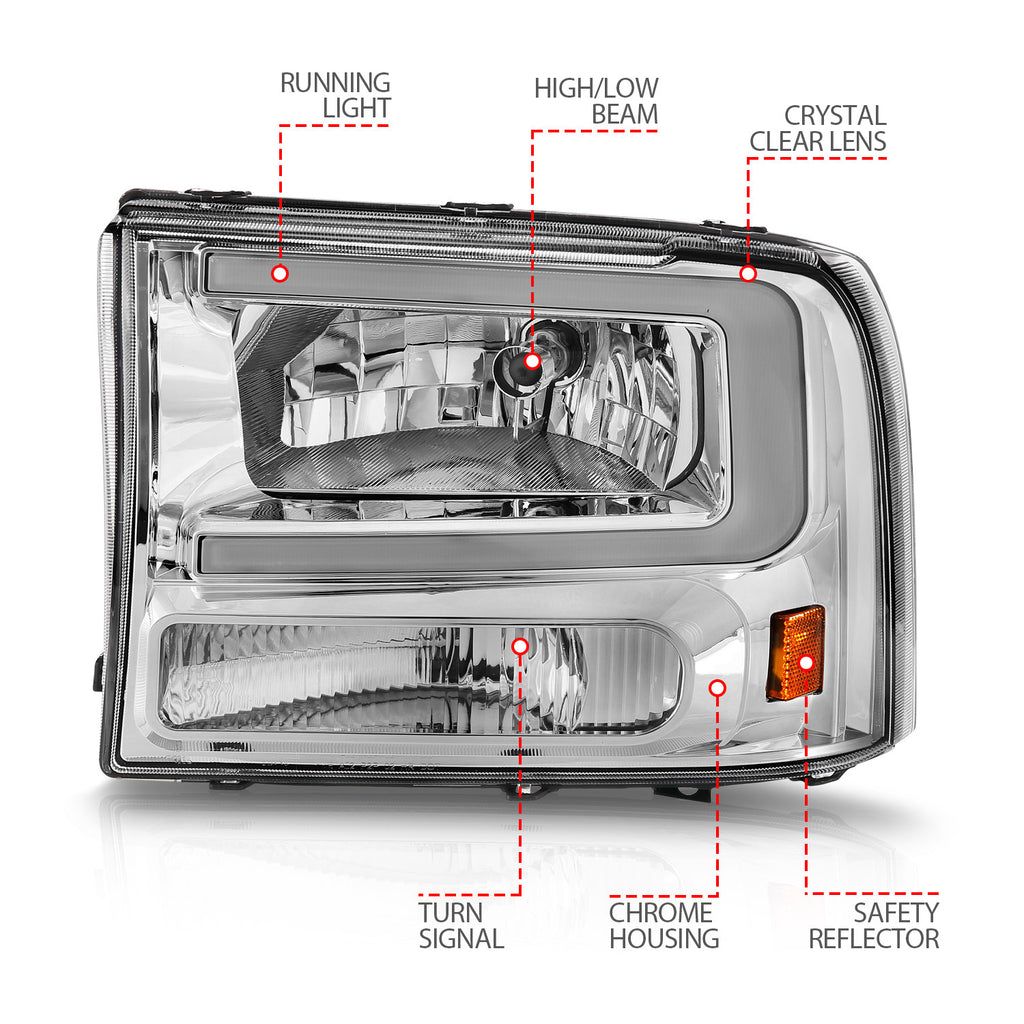 99-04-Ford-F250F350F450Excursion-(Excl.-99)-Crystal-Headlights---W-Light-Bar-Chrome-Housing